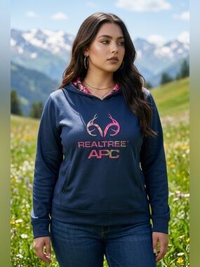 Realtree APC Navy Hoodie with Pink Camo Logo - Size XL